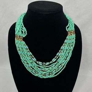 Turquoise & Gold Multi-Strand Seed Bead Necklace